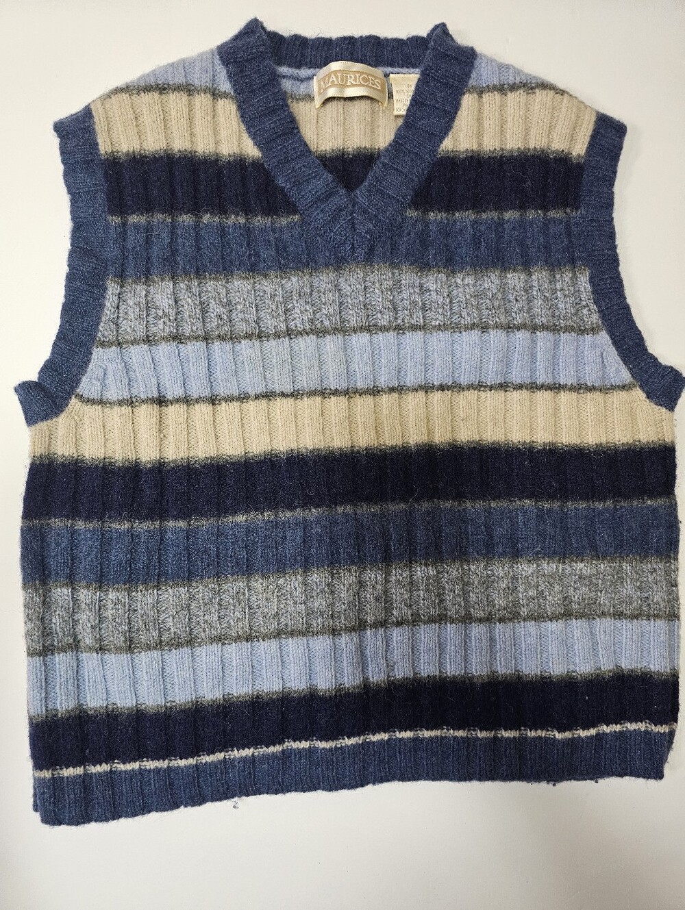 Vintage Maurices 100% Wool Striped Sweater Vest Blue Grandpa Core Size M